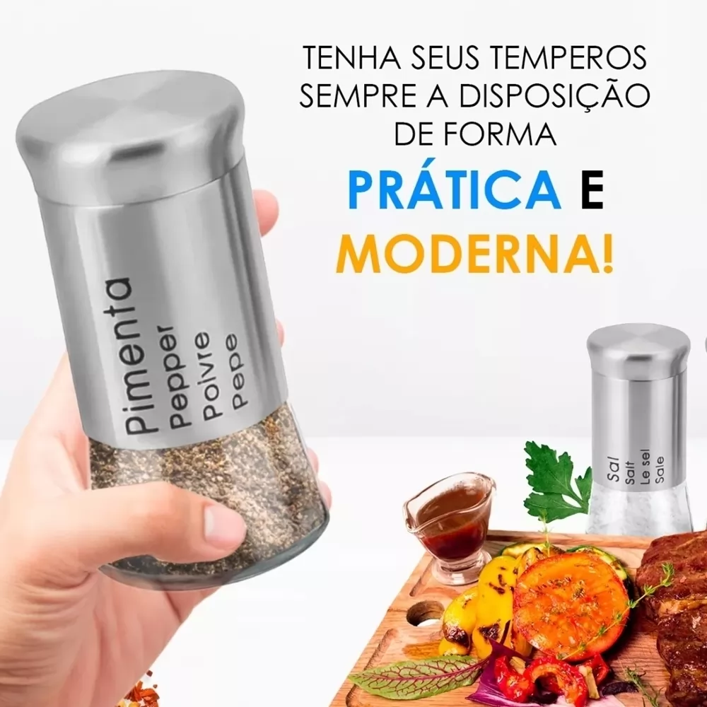 Kit Saleiro e Pimenteiro Porta Temperos com Tampa Inox – 02 peças